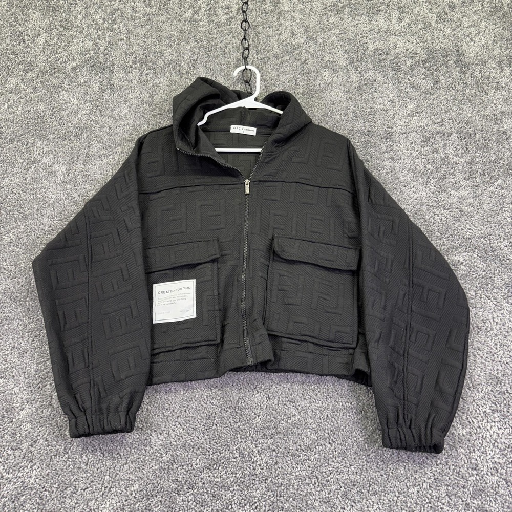 HTC Fashion Jacket Womens M Black Hooded Geometric Textured Full Zip Cropped